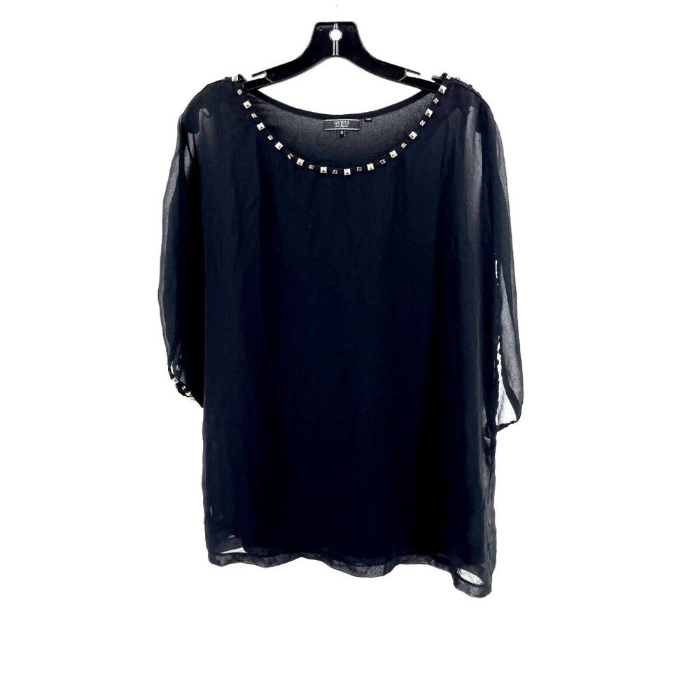 Guess Women's Black Sheer 3/4 Slit Sleeve Blouse Shirt Top Holiday Party Size M